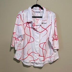 Snapdragon and Twig White Blouse with Red Abstract Design Size Medium